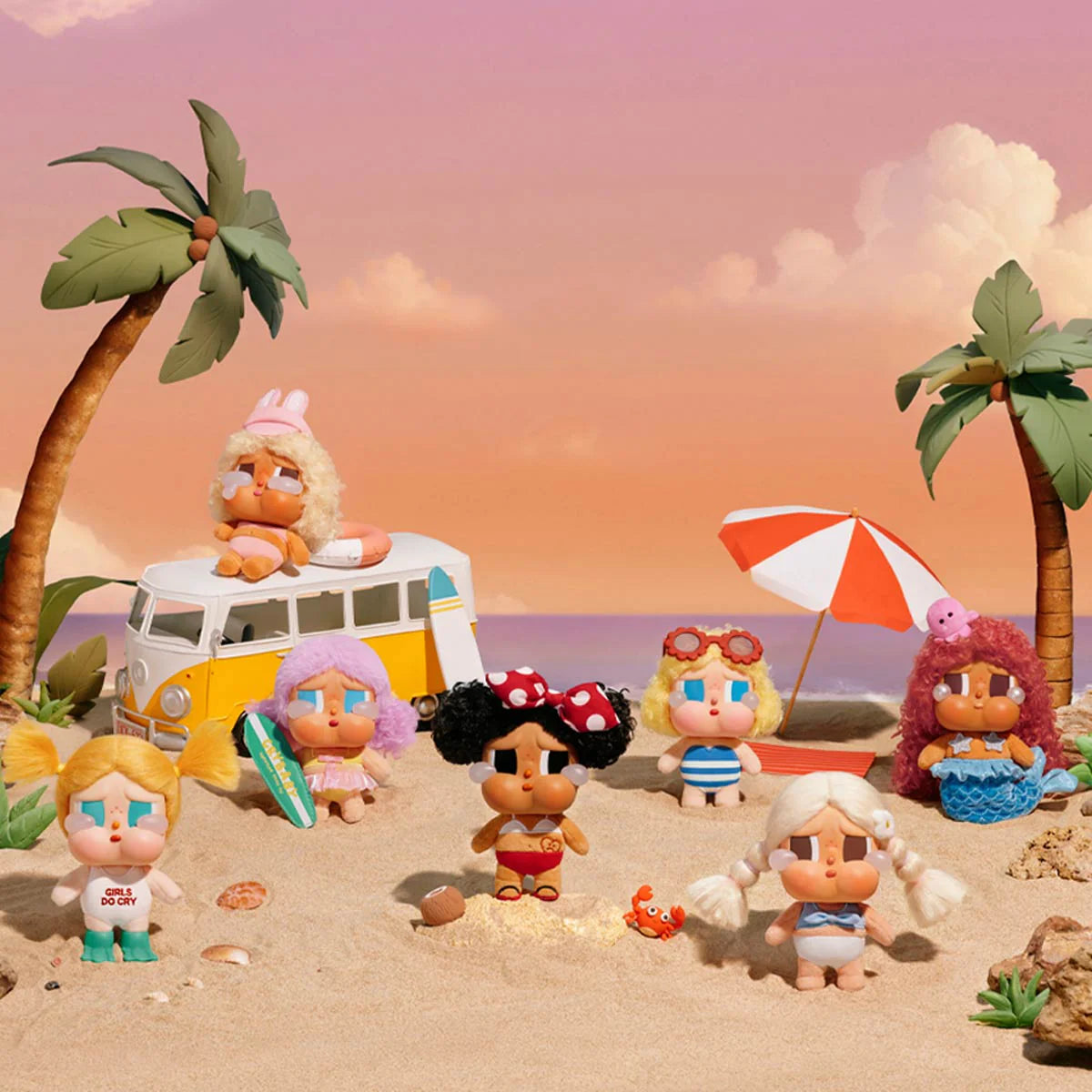 Toy figures on a beach with palm trees and an umbrella - little c land