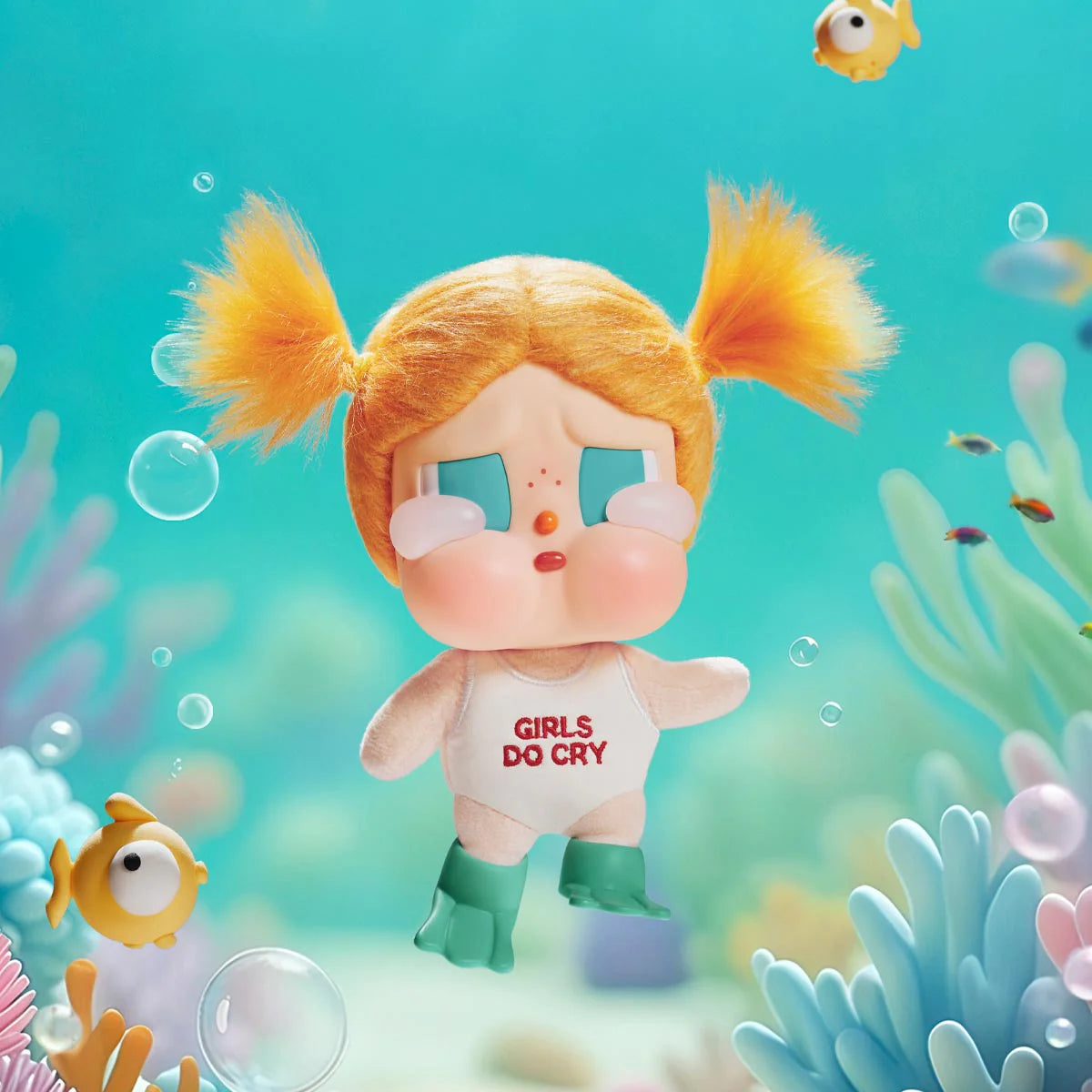 Plush toy with 'GIRLS DO CRY' shirt in an underwater scene with fish and coral. - Little c land