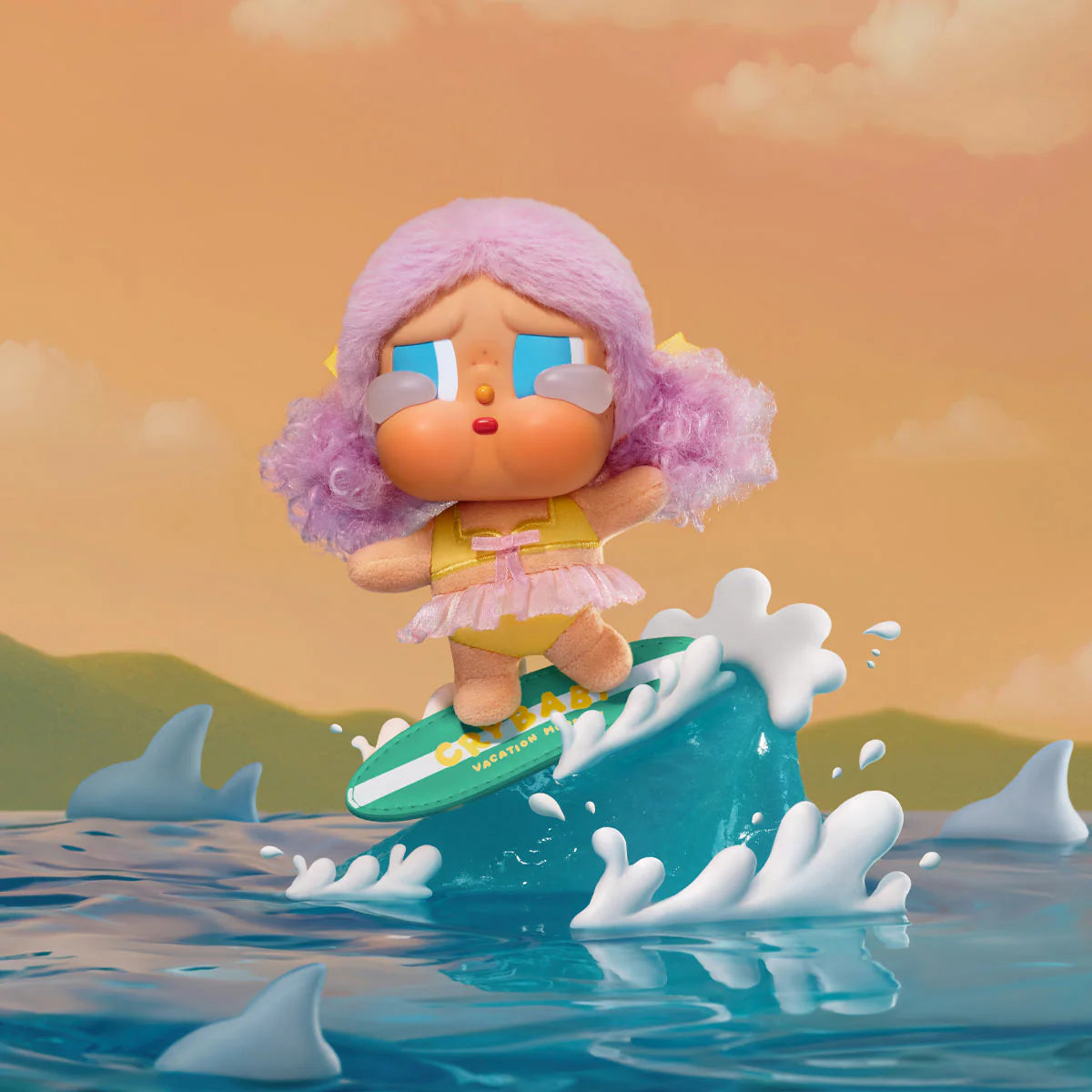 Toy figure of a girl with pink hair surfing on a wave with a sunset background - little c land