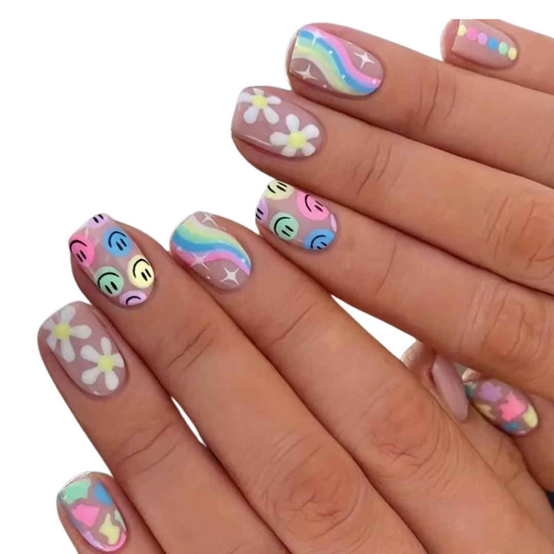 Glossy Flowers & Rainbows Faux Nails - Little C Land