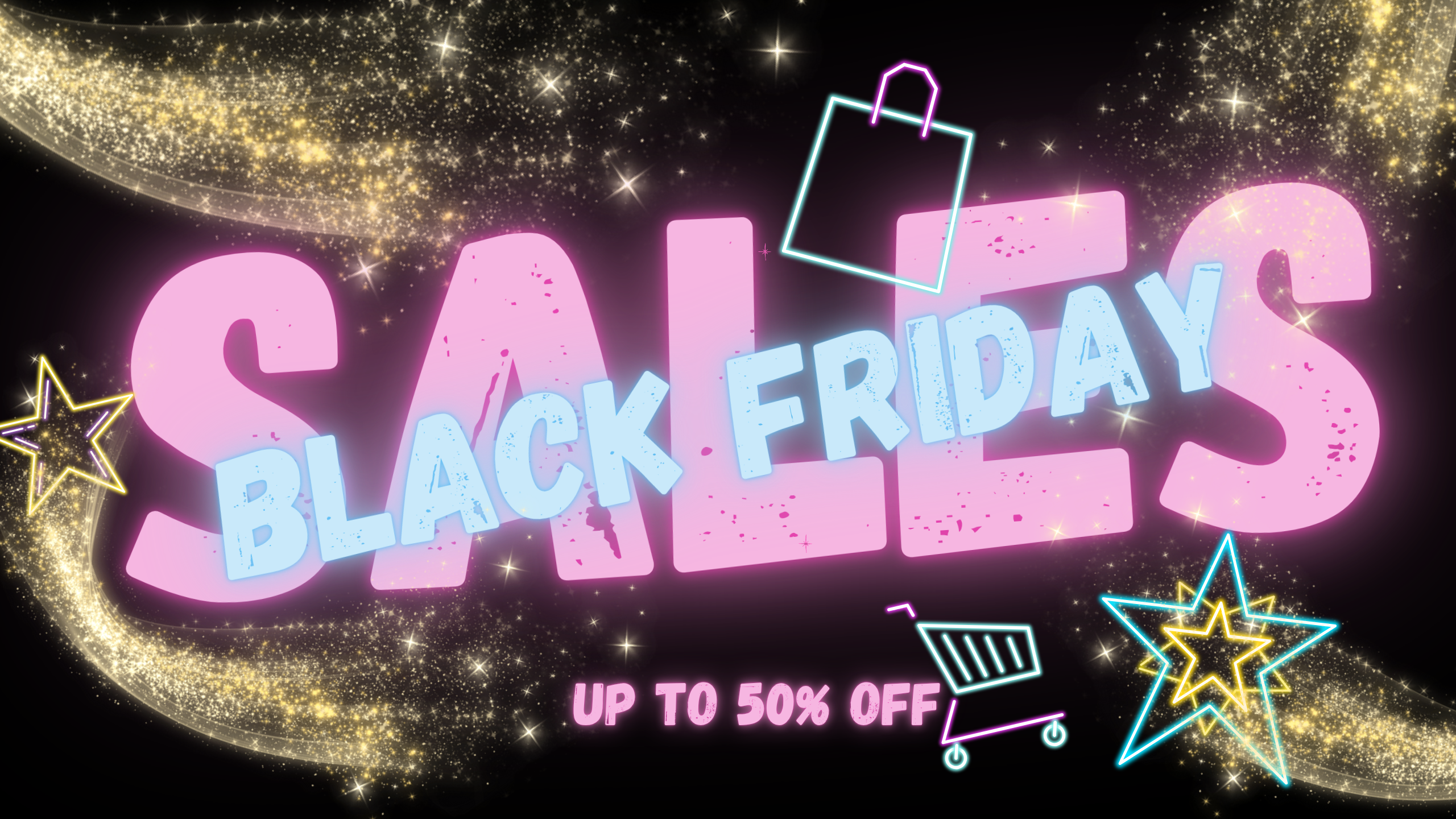 Black Friday sale advertisement with colorful text and graphics on a dark background - little c land