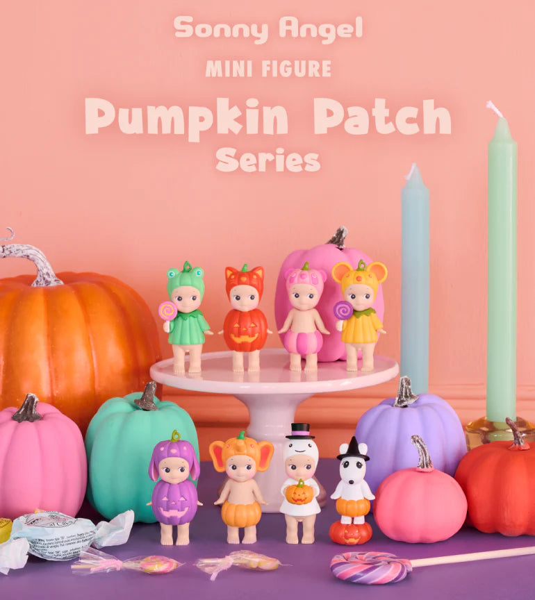 Sonny Angel mini figures in a pumpkin patch series with colorful pumpkins on a pink background.